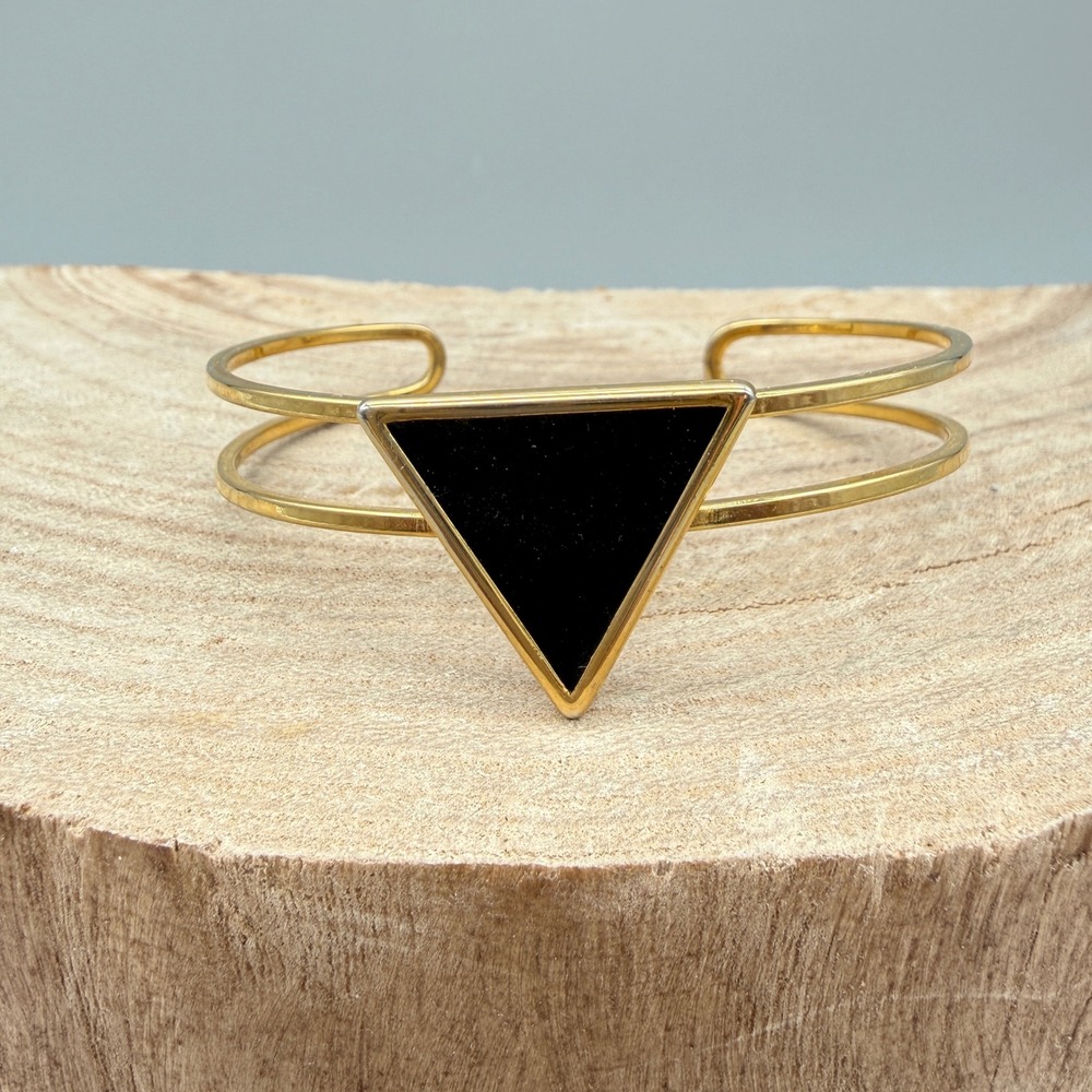AV Max Gold Tone Black Enamel Triangle Geometric Double Band Cuff Bracelet